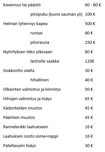 Hää- ja juhlapukujen hinnasto